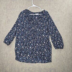 Westport 1962 Womens Floral Blouse Navy Blue XL Lightweight 3/4 Sleeve Polyester